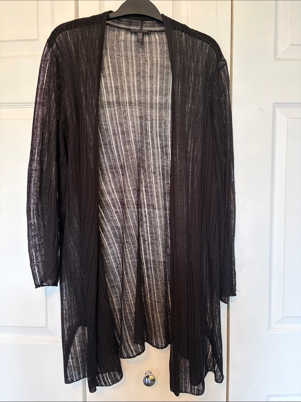 Eileen Fisher Linen Black Sheer Open-Front Cardigan